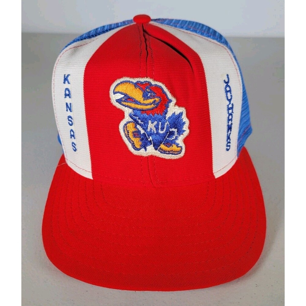 Vintage 80s Lucky Stripes Kansas Jayhawks NCAA Mesh Snapback Hat Large USA